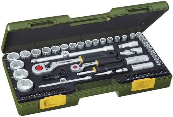 Proxxon 23286 Steckschlüsselsatz Komplettsatz mit 6.3mm (1/4) und 12.5mm (1/2) Umschaltratsche 65teiliges Werkzeug-Set mit Kunststoffkoffer