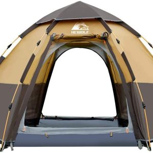 HEWOLF Camping Zelt 3-4 Personen Kuppelzelt Wasserdicht UV-Schutz Pop Up Zelt Doppelschicht Wurfzelt Sechseckiges Sekundenzelt Gro?es Familienzelt mit Regenfliege Tragetasche Braun