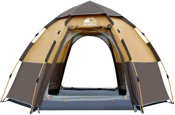 HEWOLF Camping Zelt 3-4 Personen Kuppelzelt Wasserdicht UV-Schutz Pop Up Zelt Doppelschicht Wurfzelt Sechseckiges Sekundenzelt Gro?es Familienzelt mit Regenfliege Tragetasche Braun