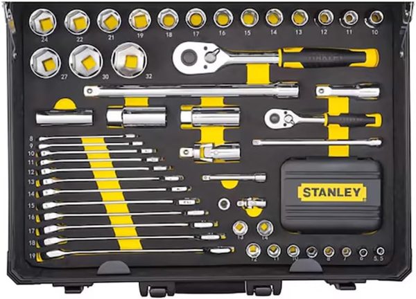 STANLEY 142-teiliges Werkzeug-Set Schraubendreher Set. Schraubenzieher Set - inkl. Wasserpumpenzange. Seitenschneider. Messer. Schraubenschlüssel. Wasserwaage. Bügelsäge STMT98109-1 – Bild 4