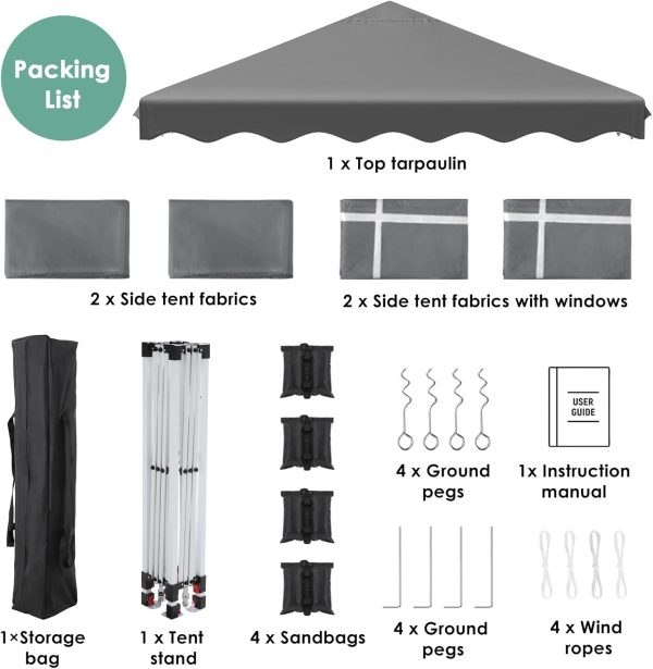 Pavillon 3x3. Faltpavillon Wasserdicht Stabil Winterfest mit 420D Oxford.UV Schutz 50+.Faltpavillon 3x3 mit 4 Seitenteilen.Gartenpavillon H?henverstellbar. Faltbare Pavillon Zelt f??r Camping.Grau – Bild 7