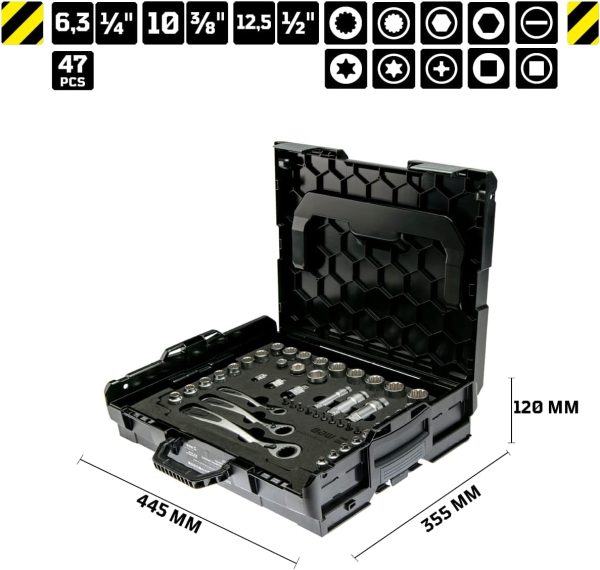 Werkzeugkoffer gefüllt mit Steckschlüsselsatz 1/4 + 3/8 + 1/2 Zoll Knarren und Ratschen | Bitsatz & Stecknuss Set für Fahrrad und KFZ Reparatur | Bestückter Profi Werkzeugkasten für Schrauber | WGB – Bild 7