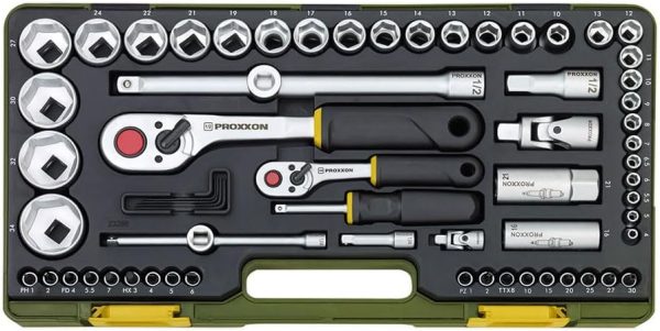 Proxxon 23286 Steckschlüsselsatz Komplettsatz mit 6.3mm (1/4) und 12.5mm (1/2) Umschaltratsche 65teiliges Werkzeug-Set mit Kunststoffkoffer – Bild 2