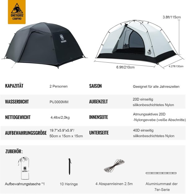 OneTigris Stella Rucksack Zelt - Freistehend leicht 3000 mm wasserdicht 4 Jahreszeiten Camping Zelt f??r Outdoor Wandern Bergsteigen – Bild 3
