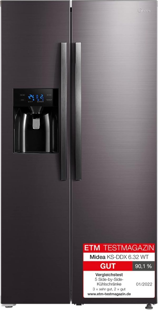 Midea KS-DDX 6.32 WT Side-by-Side K??hl-/Gefrierkombination/ 178.8 cm H?he/ 254 kWh/Jahr/No Frost/Dual Inverter Compressor/mit 3in1 Wasser-/Eisspender und Wassertank. Dark Inox