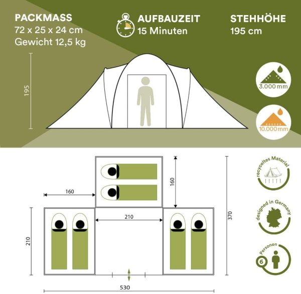 Skandika Kuppelzelt Daytona 6 Personen | Familienzelt mit 3 Schlafkabinen. 3000 mm Wassers?ule. 195 cm Stehh?he. Moskitonetze. Sonnensegel | Campingzelt f??r Familie und Freunde – Bild 6