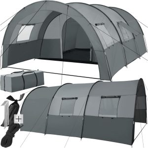 tectake? Tunnelzelt. 6 Personen. Familienzelt. Zelt gro? mit Vorzelt und Bodenplane. UV-Schutz. Camping Zelt inkl. Tragetasche. 350 x 480 x 195 cm - dunkelgrau/hellgrau