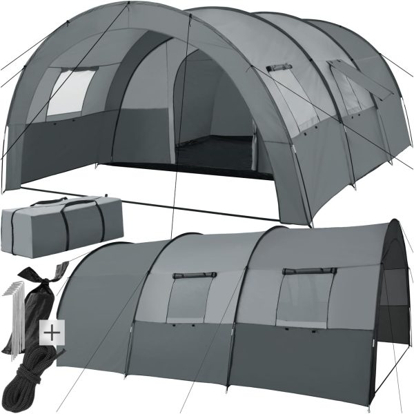 tectake? Tunnelzelt. 6 Personen. Familienzelt. Zelt gro? mit Vorzelt und Bodenplane. UV-Schutz. Camping Zelt inkl. Tragetasche. 350 x 480 x 195 cm - dunkelgrau/hellgrau