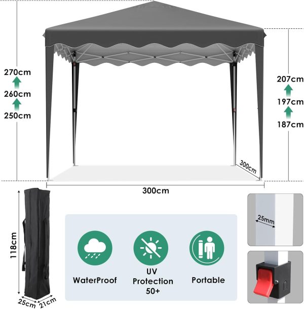 Pavillon 3x3. Faltpavillon Wasserdicht Stabil Winterfest mit 420D Oxford.UV Schutz 50+.Faltpavillon 3x3 mit 4 Seitenteilen.Gartenpavillon H?henverstellbar. Faltbare Pavillon Zelt f??r Camping.Grau – Bild 3