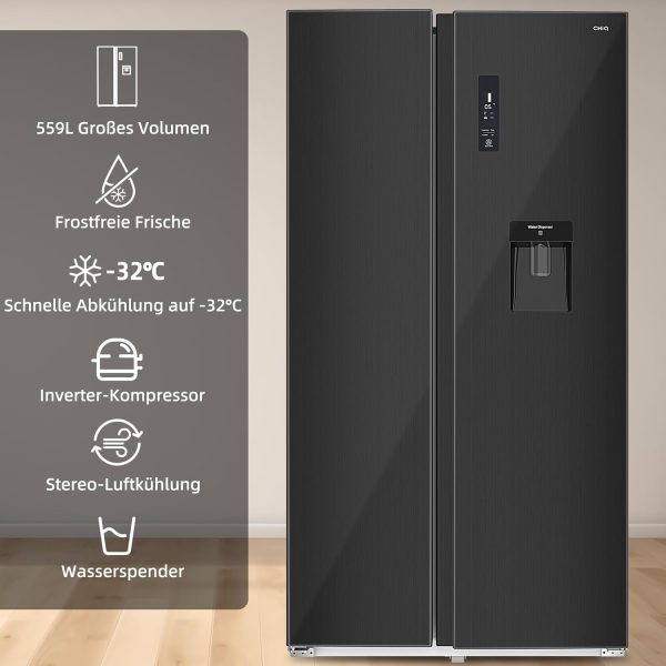 CHIQ Side By Side K??hlschrank 559L.Inverter Kompressor und No Frost Technologie.5.5 L Wasserspender.Sehr leise 39 db. LED Display.12 Jahre Garantie f??r den Kompressor.177 cm hoch. 91.2 cm breit – Bild 3