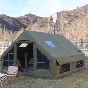 Aufblasbares Zelt Wasserdicht Hauszelt Stehh?he Haus Luxus Wohnzelt Campingzelt mit Pumpe Ofenloch Luftzelt 4-6 Personen Familienzelt
