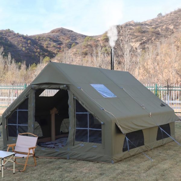 Aufblasbares Zelt Wasserdicht Hauszelt Stehh?he Haus Luxus Wohnzelt Campingzelt mit Pumpe Ofenloch Luftzelt 4-6 Personen Familienzelt