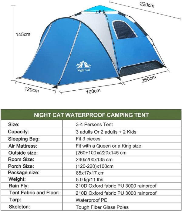 Night Cat Pop Up Zelt 3 4 Personen??Wasserdicht Wurfzelt Atmungsaktiv Einfache Einstellung f??r Camping Wandern – Bild 5