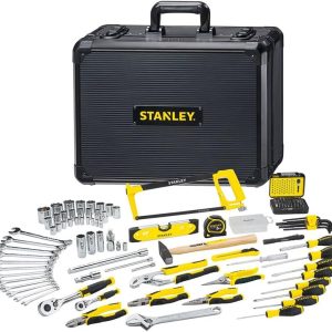 STANLEY 142-teiliges Werkzeug-Set Schraubendreher Set. Schraubenzieher Set - inkl. Wasserpumpenzange. Seitenschneider. Messer. Schraubenschlüssel. Wasserwaage. Bügelsäge STMT98109-1