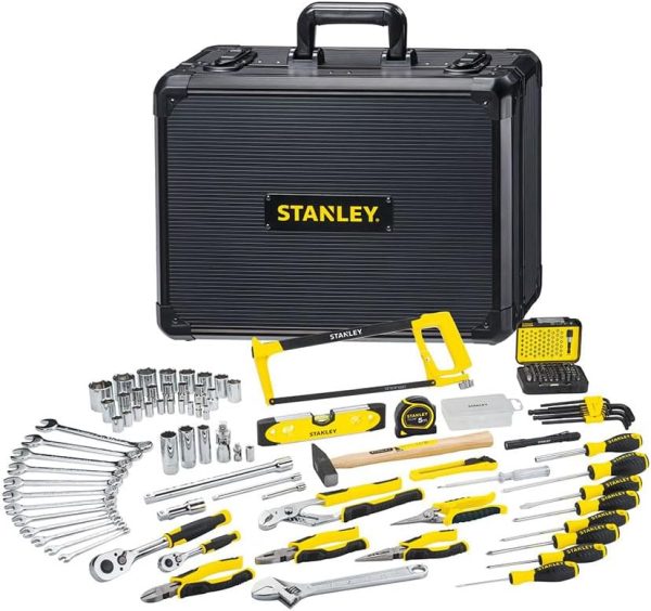 STANLEY 142-teiliges Werkzeug-Set Schraubendreher Set. Schraubenzieher Set - inkl. Wasserpumpenzange. Seitenschneider. Messer. Schraubenschlüssel. Wasserwaage. Bügelsäge STMT98109-1