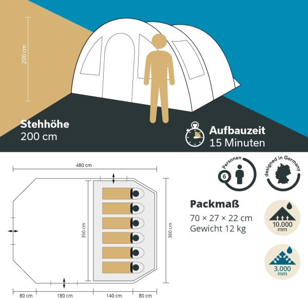 Skandika Kambo Tunnelzelt 6 ?C 12 Personen | Zelt f??r 6 ?C 12 Mann. wasserdicht. 3000 mm Wassers?ule. 3 Separate Eing?nge. Sonnensegel. Vorzelt. dunkle Schlafkabine | Camping Familienzelt. Gro?raumzelt – Bild 6