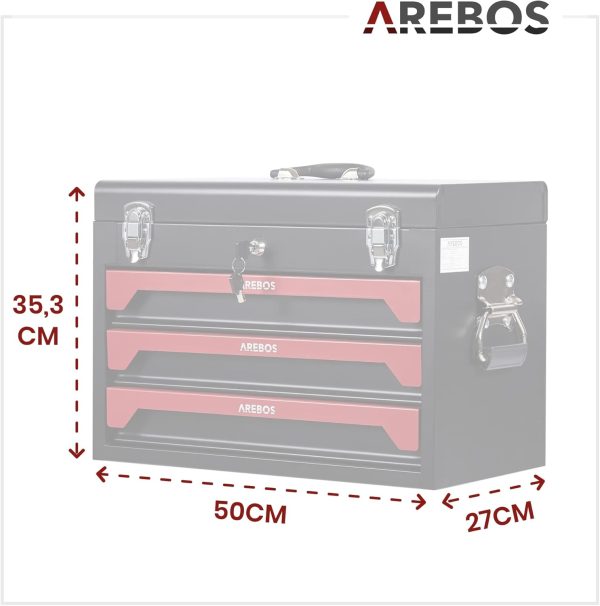 Arebos Werkzeugkoffer inkl. 172-tlg. Werkzeugset aus Chrom Vanadium Steckschlüssel Set | für Haushalt. Garage & Werkstatt | bestückte Werkzeugbox mit 3 Schubladen | abschließbar | Rot/Schwarz – Bild 7