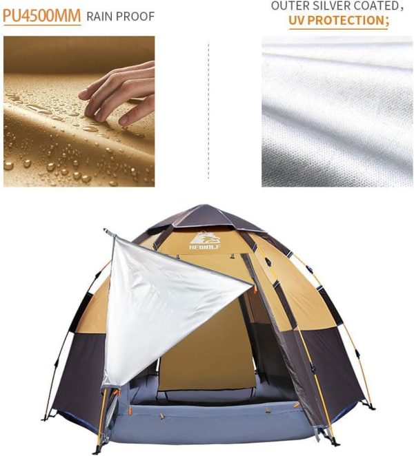 HEWOLF Camping Zelt 3-4 Personen Kuppelzelt Wasserdicht UV-Schutz Pop Up Zelt Doppelschicht Wurfzelt Sechseckiges Sekundenzelt Gro?es Familienzelt mit Regenfliege Tragetasche Braun – Bild 3