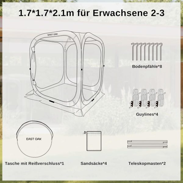 Pop Up Zelt 2-3 Personen. Pavillon f??r Camping. Garten. Terrasse. Wurfzelt. Familienzelt Stehh?he. Stoffe Wasserdicht. UPF 50+ UV Schutz. 360?? Bel??ftung. Anti Moskito. mit Tragetasche. Beige – Bild 7