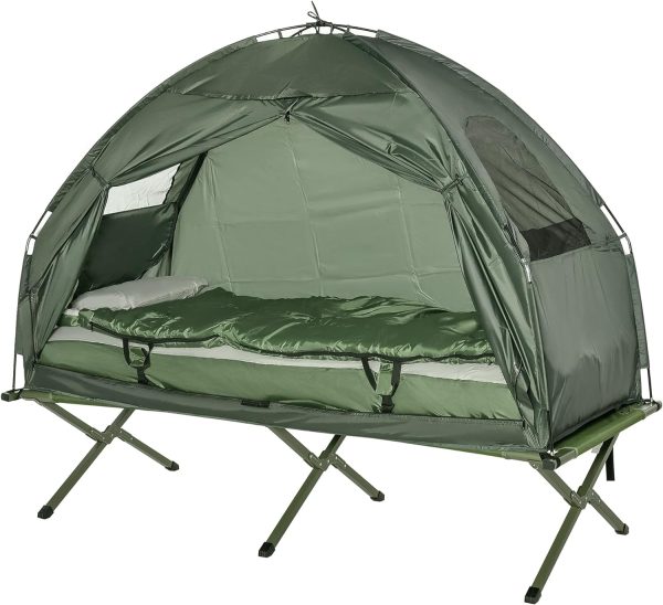 Outsunny Feldbett 4 in 1 Camping Set mit Zelt Schlafsack Matratze faltbar. Dunkelgr??n
