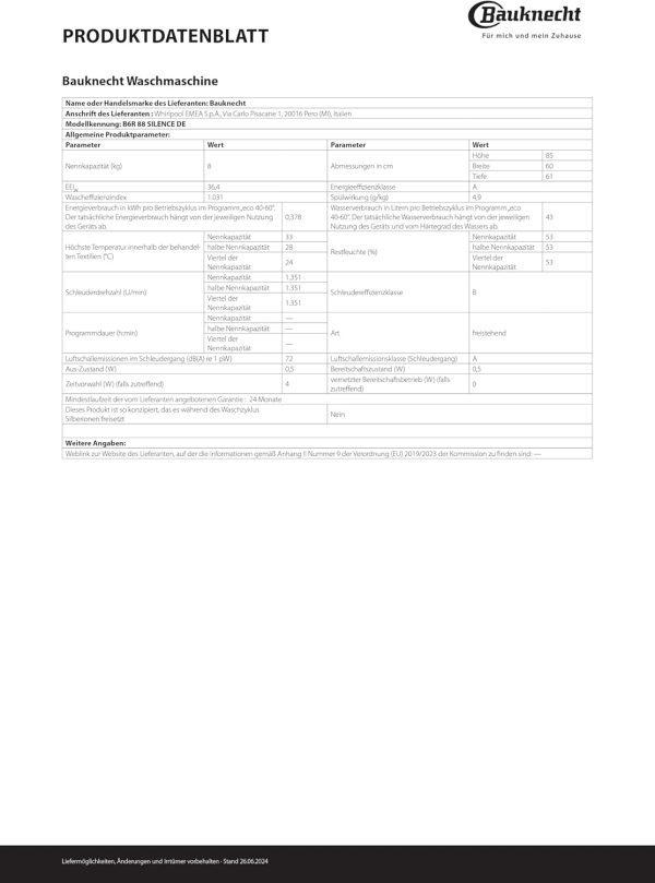 Bauknecht B6R 88 SILENCE DE Waschmaschine / 8kg / Frontlader/Supreme Silence/EEK A-20% / 1400 UpM/ZEN-Motor/Besonders leise Waschmaschine/Steam 3.0-3 Kraftvolle Dampftechnologien – Bild 21