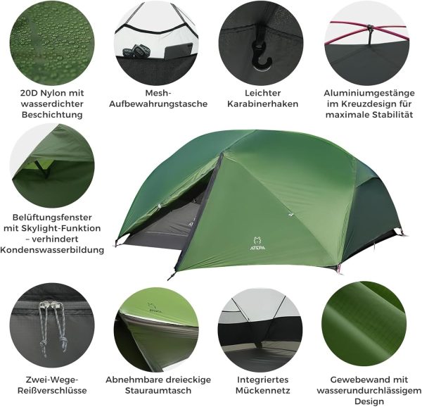 ATEPA Ultraleicht Zelt 2 Personen 1.9kg Wasserdicht & Windschutz. Camping Zelt Abtrennbares Mesh-Innenkonto mit Vorbau f??r Trekking. Camping. Outdoor. Wandern – Bild 4