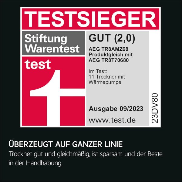 AEG W?rmepumpentrockner 8 kg ?C Serie 8000 AbsoluteCare Wolle- und Seidetrocknung ?C Testsieger der Stiftung Warentest ?C A+++ ?C Energiesparend ?C Trommelbeleuchtung ?C Knitterschutz ?C TR8AMZ68 – Bild 2