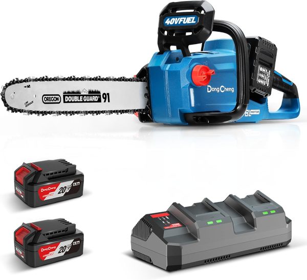 DongCheng Akku Kettensäge 40V. Motorsäge Akku 38 cm Schnittlänge. Bürstenloser Motor 14 m/s Schnittgeschwindigkeit. Elektrisch Kettensäge mit 2x4.0Ah Akku und Ladegerät