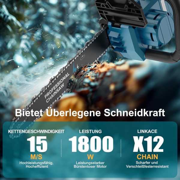Akku Kettensäge mit Akku 12000mAh. 12 Zoll Elektro Kettensäge 1800W Bürstenloser mit Automatischer Öler. Astsäge Elektrisch für Zum Schneiden von Holz. Bäumen. Gartenarbeit – Bild 3