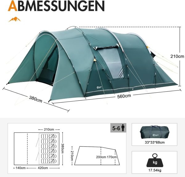 Zelt 5-6 Personen Tunnelzelt Wasserdicht 3000 mm 6 Mann Campingzelt 2 Schlafkabinen mit Stehh?he Vorzelt Bodenwanne XXL Gro? Familienzelt Gruppenzelt f??r Camping Reise Trekking Garten – Bild 3