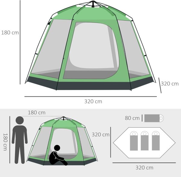 Outsunny Camping Zelt 6 Personen Zelt Familienzelt Kuppelzelt Kunstleder2000mm einfache Einrichtung f??r Familien Trekking Festival Stahl Glasfaser Gr??n 320 x 320 x 180 cm – Bild 5