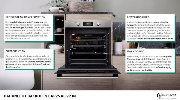 Bauknecht BAR2S K8 V2 IN Dampf-Backofen inklusive 2-fach Backauszug/A+/71 L Maxi-Garraum/Hei?luft/Gentle Steam mit Feuchtigkeitszugabe/Einfaches Reinigen mit SmartClean-Innenraum. Edelstahl – Bild 3