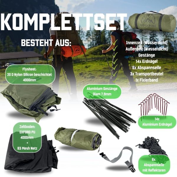 GOALPINE? Zelt f??r 1 & 2 gro?e Personen | wasserdicht 4000mm | kleines Packma? | zum Wandern. Bergtouren & Bikepacking | Ultraleicht | 4 Jahreszeiten | schneller aufbau – Bild 7