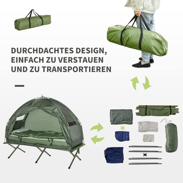 Outsunny Feldbett 4 in 1 Camping Set mit Zelt Schlafsack Matratze faltbar. Dunkelgr??n – Bild 4