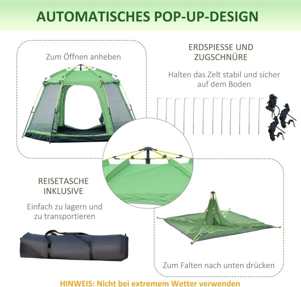 Outsunny Camping Zelt 6 Personen Zelt Familienzelt Kuppelzelt Kunstleder2000mm einfache Einrichtung f??r Familien Trekking Festival Stahl Glasfaser Gr??n 320 x 320 x 180 cm – Bild 4