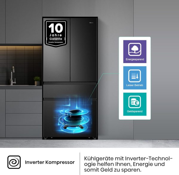 Hisense RF540N4SBF2 French Door K??hl-Gefrierkombination/ NoFrostPlus/ Inverter-Kompressor/ Multiflow 360??/ SuperCool/ 181.7 cm/ K??hlteil 302 l/ Gefrierteil 178 l/ 40 dB/ 310 kWh/ Jahr/ Schwarz – Bild 8
