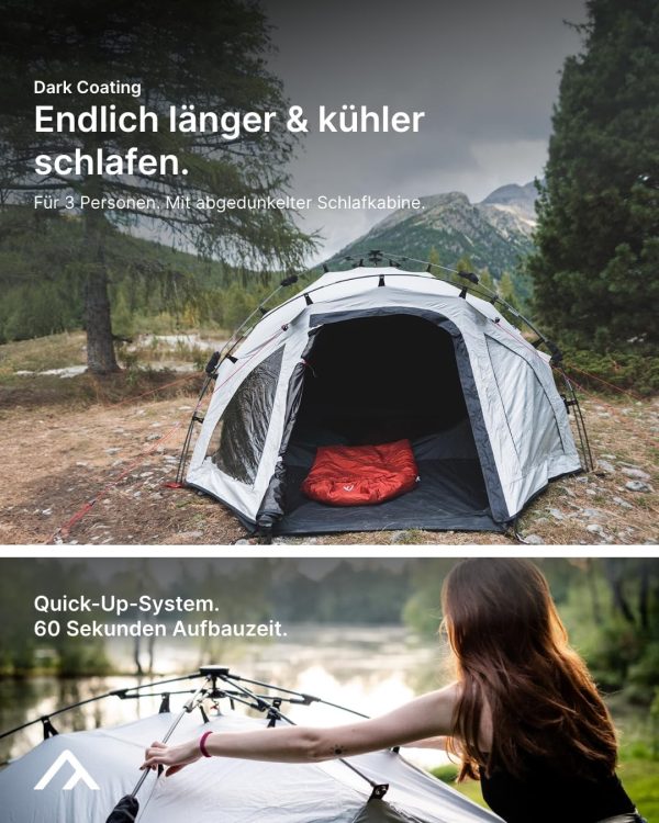 qeedo Quick Oak Dark Series Campingzelt mit abgedunkelter Schlafkabine. nachtschwarz - Sekundenzelt mit Quick-Up-System stabil & wasserdicht. ideal f??r Camping & Festival. Komfort-Zelt f??r 3 Personen – Bild 2