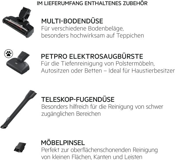 AEG QX6-1-45AN Akku Staubsauger kabellos / Staubsauger beutellos / leise / Handstaubsauger akku / 45 min Laufzeit / leicht / Hartboden / 2in1 / Tierhaare / Hund / Katze / Teppich / Auto / grau – Bild 2