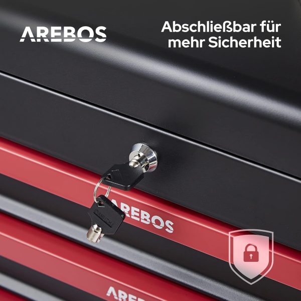 Arebos Werkzeugkoffer inkl. 172-tlg. Werkzeugset aus Chrom Vanadium Steckschlüssel Set | für Haushalt. Garage & Werkstatt | bestückte Werkzeugbox mit 3 Schubladen | abschließbar | Rot/Schwarz – Bild 5
