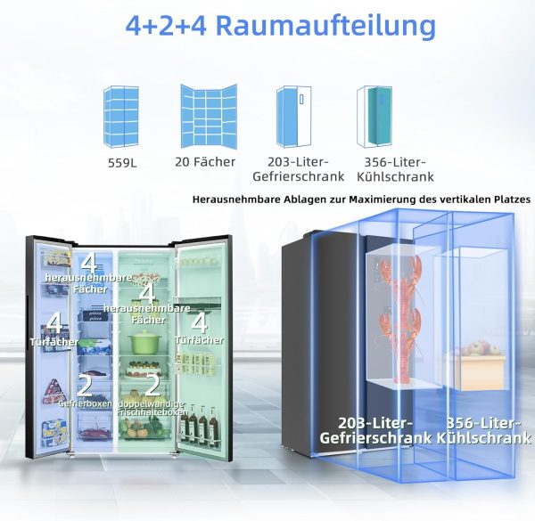 CHIQ Side By Side K??hlschrank 559L.Inverter Kompressor und No Frost Technologie.5.5 L Wasserspender.Sehr leise 39 db. LED Display.12 Jahre Garantie f??r den Kompressor.177 cm hoch. 91.2 cm breit – Bild 5