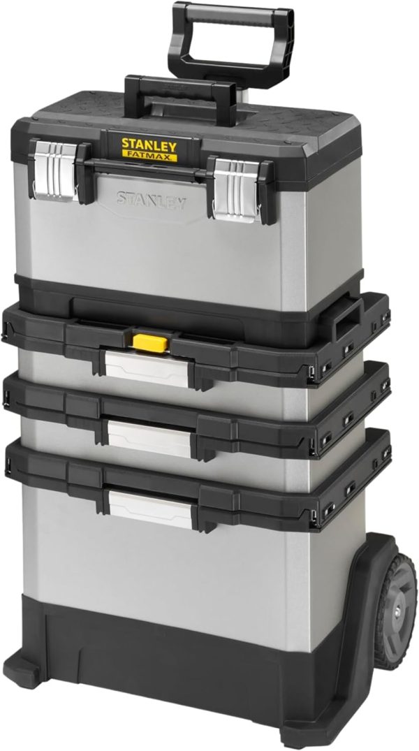 STANLEY FATMAX Rolling Workshop. 4-in-1-Geräte einschließlich abnehmbarer Werkzeugbox. strapazierfähiges Metall und Kunststoff. mobile Workstation. 1-95-622