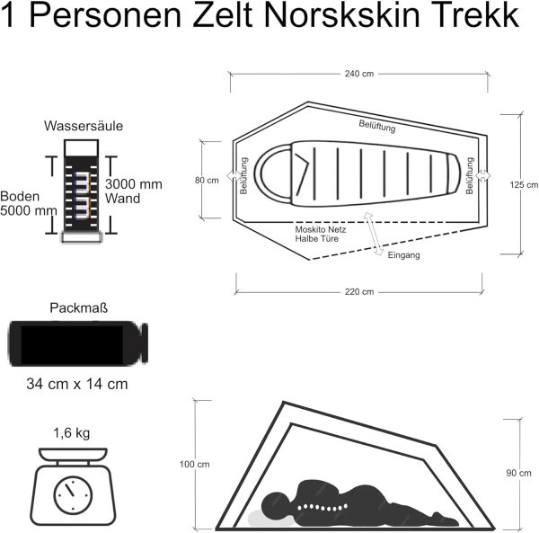 1 Personen Zelt Trekking Zelt Norskskin Trekk Doppelwandig Aluminium Gest?nge 1.6 kg. 3000 mm Wassers?ulde Doppelwandig. Packma? 34 cm x 14 cm – Bild 5