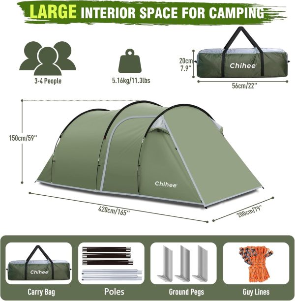 Chihee Camping Zelte Tunnelzelt 4 Personen Familienzelt mit 2 T??ren Wetterfestes Zelt 4 Jahreszeiten Zelte mit abgeschirmter Veranda Raum Markise Include Rainfly Tragetasche f??r Reisen Outdoor Wandern – Bild 5