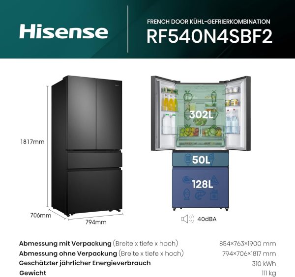 Hisense RF540N4SBF2 French Door K??hl-Gefrierkombination/ NoFrostPlus/ Inverter-Kompressor/ Multiflow 360??/ SuperCool/ 181.7 cm/ K??hlteil 302 l/ Gefrierteil 178 l/ 40 dB/ 310 kWh/ Jahr/ Schwarz – Bild 2