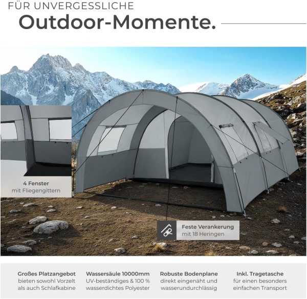 tectake? Tunnelzelt. 6 Personen. Familienzelt. Zelt gro? mit Vorzelt und Bodenplane. UV-Schutz. Camping Zelt inkl. Tragetasche. 350 x 480 x 195 cm - dunkelgrau/hellgrau – Bild 3