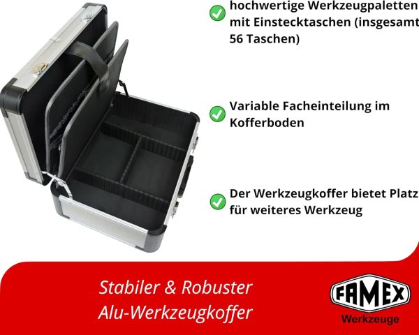 FAMEX 420-88 Alu Werkzeugkoffer gefüllt mit Top Werkzeug Set - ERWEITERBAR - Werkzeugkasten in Top Qualität - für den gewerblichen Einsatz – Bild 4