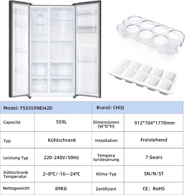 CHIQ Side By Side K??hlschrank 559L.Inverter Kompressor und No Frost Technologie.5.5 L Wasserspender.Sehr leise 39 db. LED Display.12 Jahre Garantie f??r den Kompressor.177 cm hoch. 91.2 cm breit – Bild 9