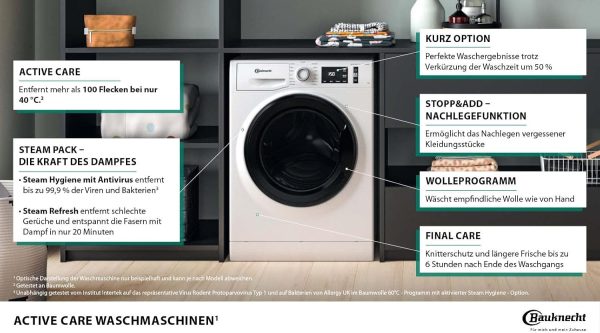 Bauknecht W Active 8A Waschmaschine Frontlader/ 8kg/ kraftvolle Fleckentfernung/ Dampf Programme/ Steam Hygiene Option/ Energieeffizienzklasse A/ Stopp&Add Funktion/ ProSilent-Motor [Energieklasse A] – Bild 2