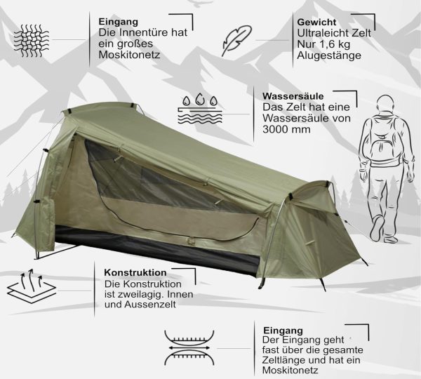 1 Personen Zelt Trekking Zelt Norskskin Trekk Doppelwandig Aluminium Gest?nge 1.6 kg. 3000 mm Wassers?ulde Doppelwandig. Packma? 34 cm x 14 cm – Bild 2