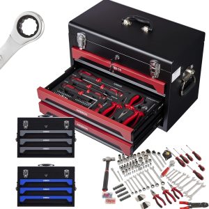Arebos Werkzeugkoffer inkl. 172-tlg. Werkzeugset aus Chrom Vanadium Steckschlüssel Set | für Haushalt. Garage & Werkstatt | bestückte Werkzeugbox mit 3 Schubladen | abschließbar | Rot/Schwarz